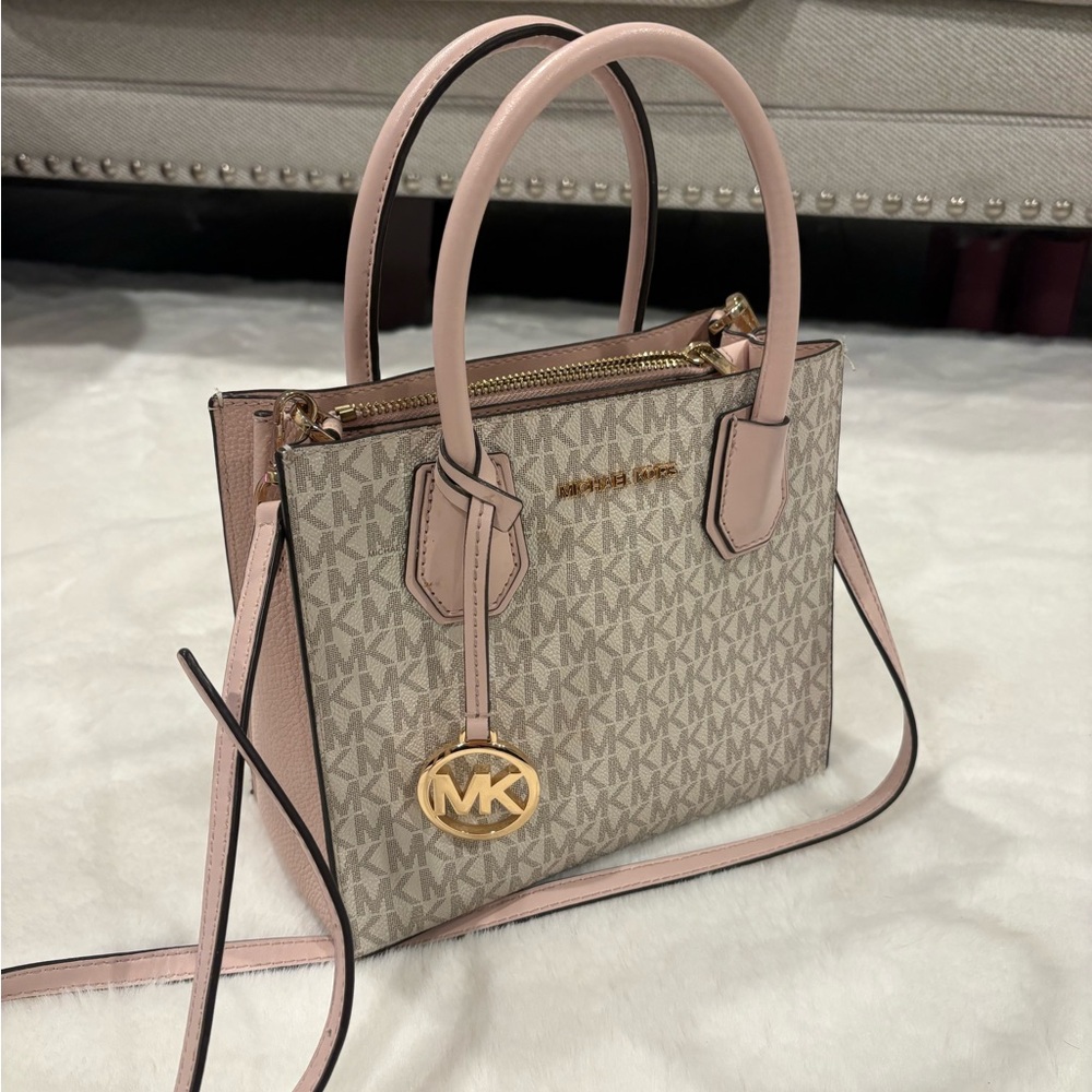 Michael Kors Beige Logo Satchel with Pink Trim and Gold Hardware
